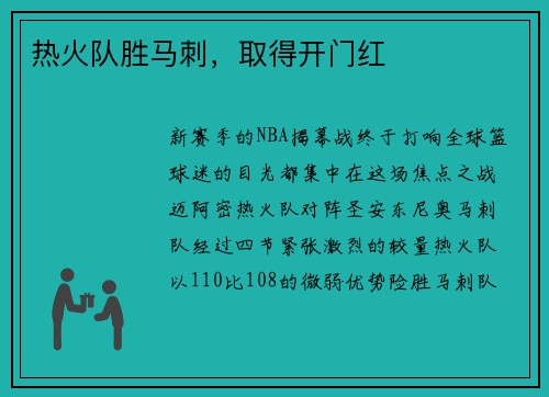 热火队胜马刺，取得开门红