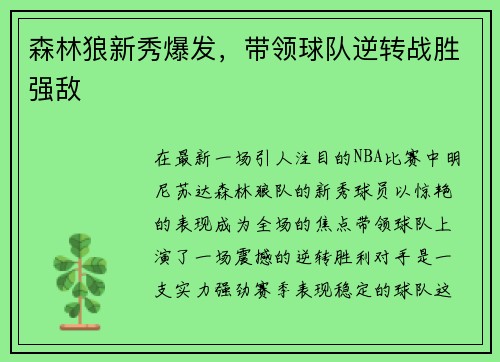 森林狼新秀爆发，带领球队逆转战胜强敌